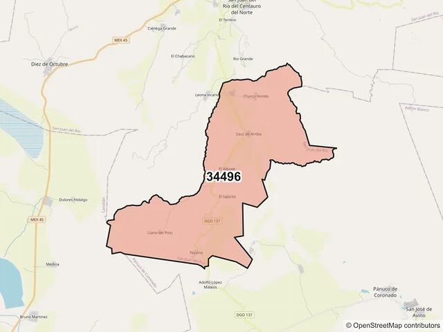 Mapa del código postal 34496, San Juan del Río, Durango