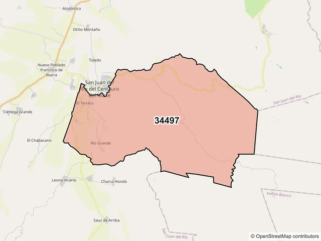 Mapa del código postal 34497, San Juan del Río, Durango