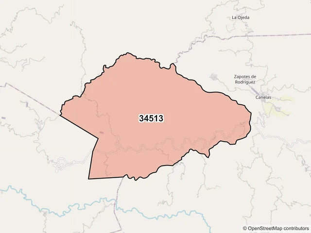 Mapa del código postal 34513, Canelas, Durango