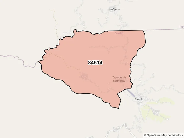 Mapa del código postal 34514, Canelas, Durango