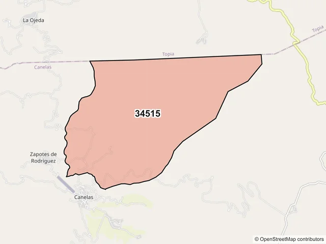 Mapa del código postal 34515, Canelas, Durango