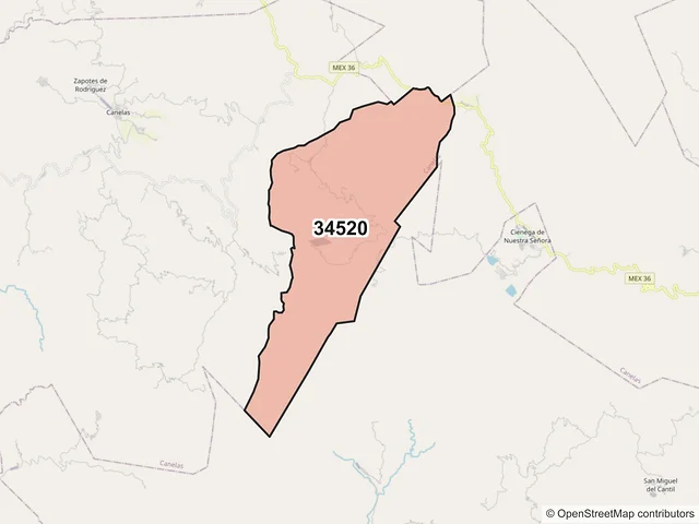 Mapa del código postal 34520, Canelas, Durango