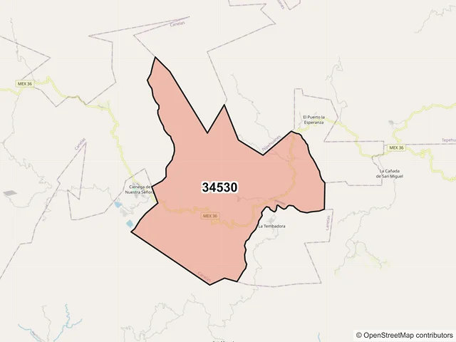 Mapa del código postal 34530, Canelas, Durango