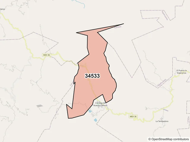 Mapa del código postal 34533, Canelas, Durango