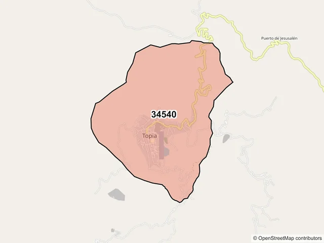 Mapa del código postal 34540, Topia, Durango