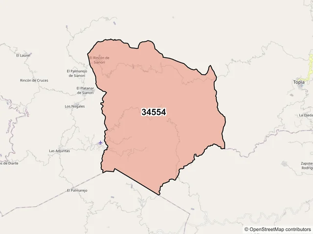 Mapa del código postal 34554, Topia, Durango