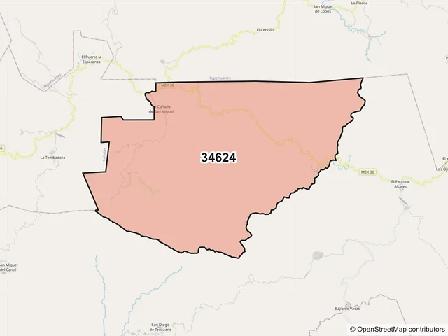 Mapa del código postal 34624, Santiago Papasquiaro, Durango