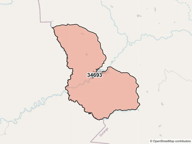 Mapa del código postal 34693, San Dimas, Durango