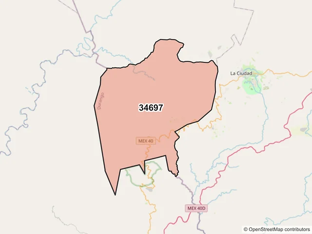 Mapa del código postal 34697, San Dimas, Durango