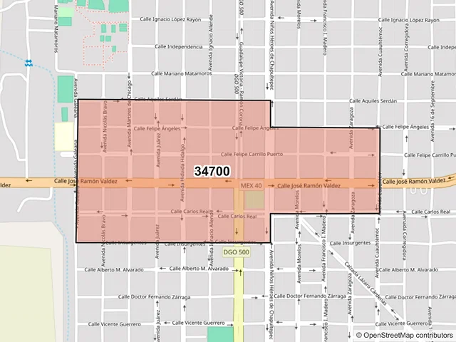 Mapa del código postal 34700, Guadalupe Victoria, Durango