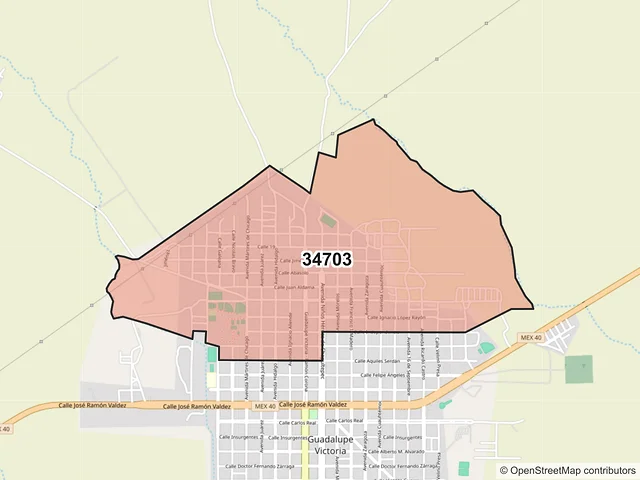 Mapa del código postal 34703, Guadalupe Victoria, Durango