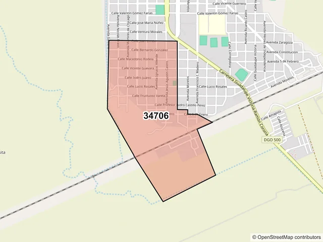 Mapa del código postal 34706, Guadalupe Victoria, Durango