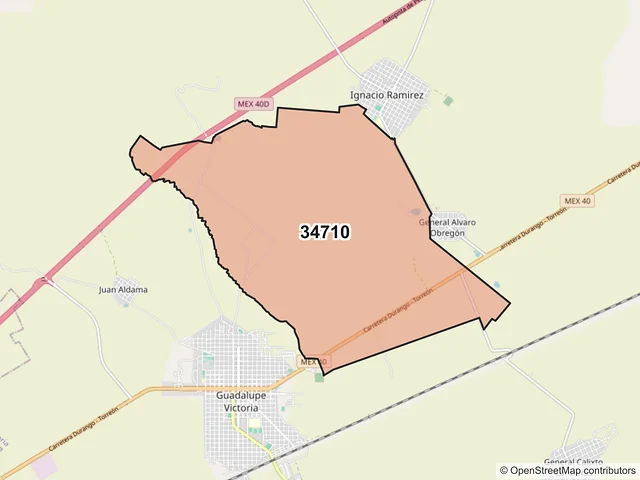 Mapa del código postal 34710, Guadalupe Victoria, Durango