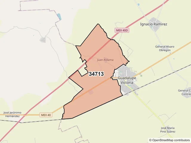 Mapa del código postal 34713, Guadalupe Victoria, Durango
