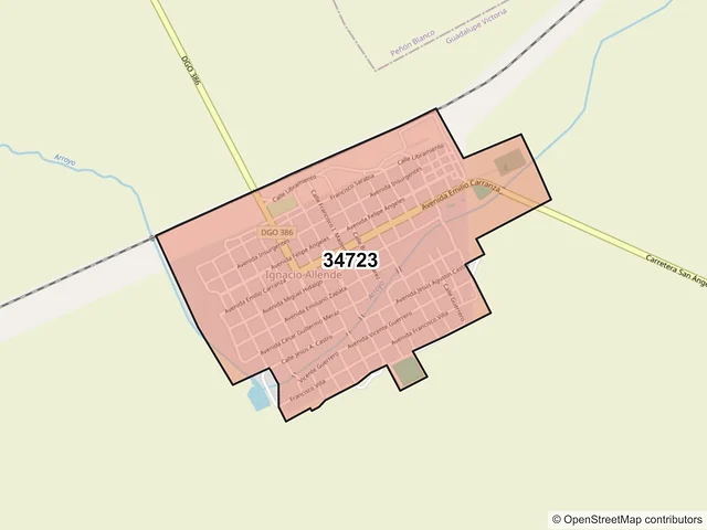 Mapa del código postal 34723, Guadalupe Victoria, Durango