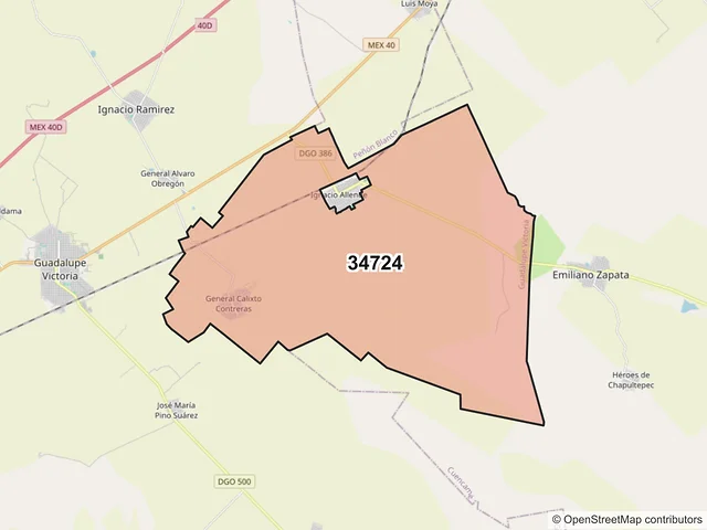 Mapa del código postal 34724, Guadalupe Victoria, Durango