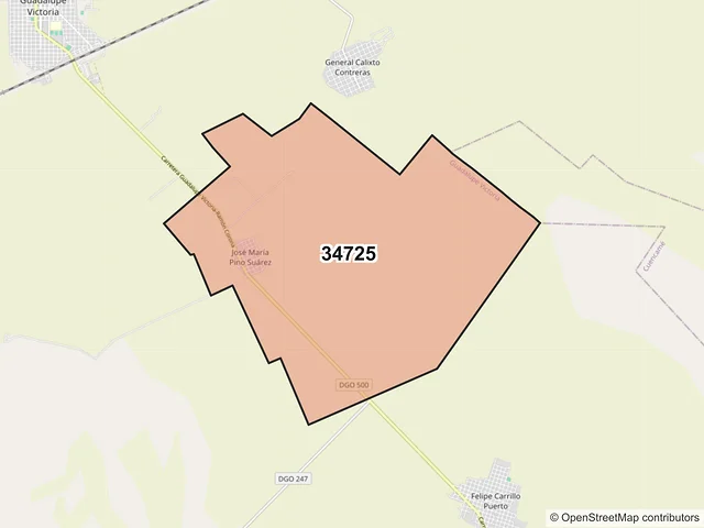 Mapa del código postal 34725, Guadalupe Victoria, Durango