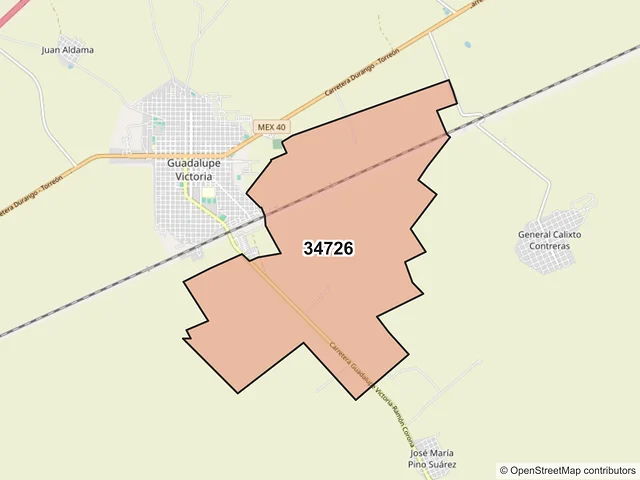 Mapa del código postal 34726, Guadalupe Victoria, Durango