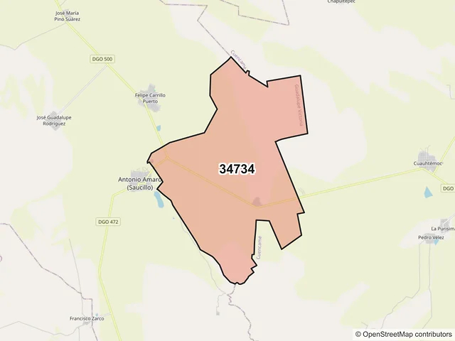 Mapa del código postal 34734, Guadalupe Victoria, Durango