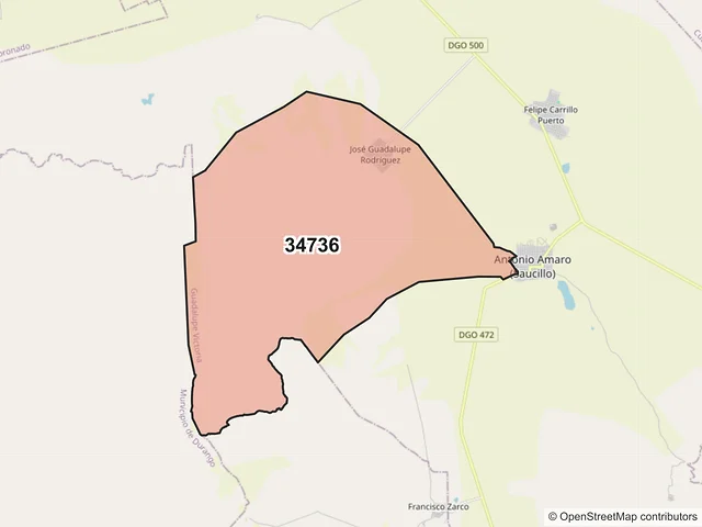 Mapa del código postal 34736, Guadalupe Victoria, Durango