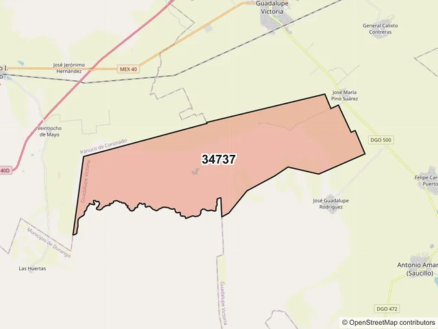 Mapa del código postal 34737, Guadalupe Victoria, Durango