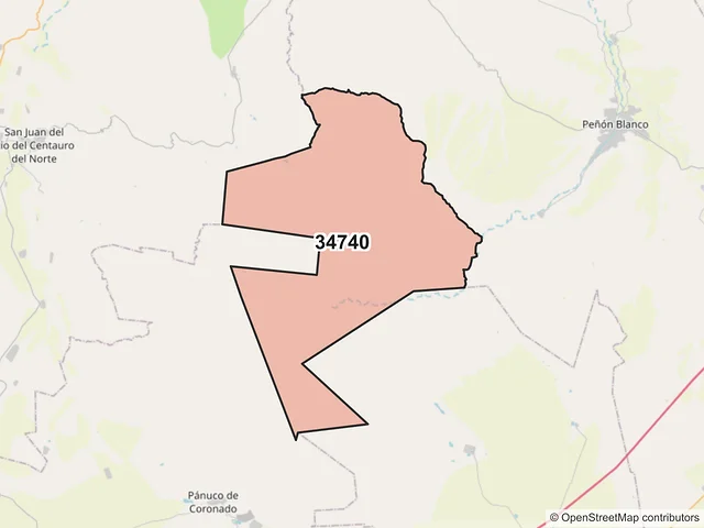 Mapa del código postal 34740, Peñón Blanco, Durango
