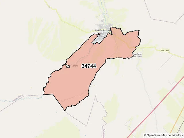 Mapa del código postal 34744, Peñón Blanco, Durango