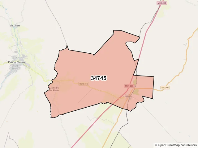 Mapa del código postal 34745, Peñón Blanco, Durango