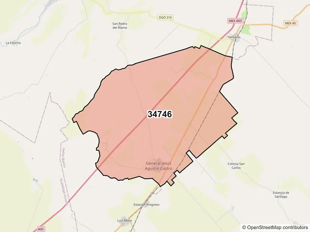 Mapa del código postal 34746, Peñón Blanco, Durango