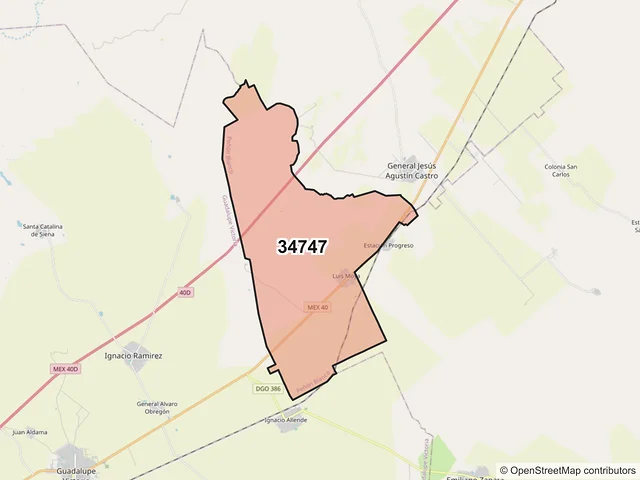 Mapa del código postal 34747, Peñón Blanco, Durango