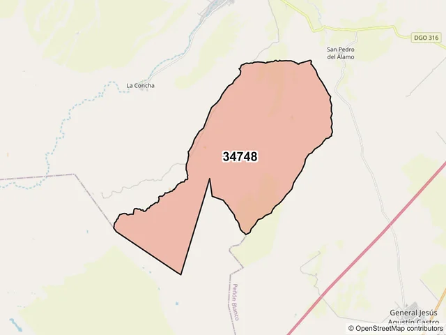 Mapa del código postal 34748, Peñón Blanco, Durango