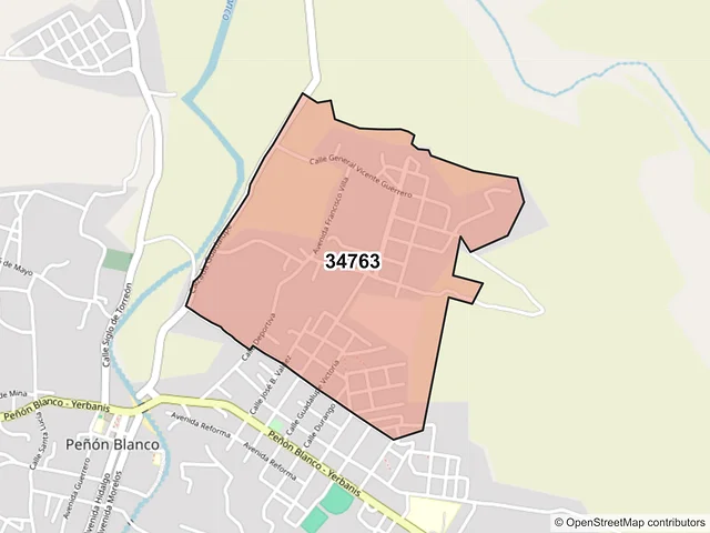 Mapa del código postal 34763, Peñón Blanco, Durango
