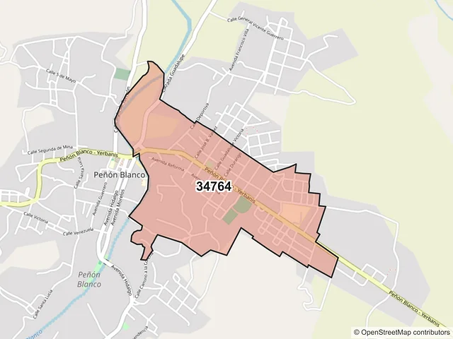 Mapa del código postal 34764, Peñón Blanco, Durango