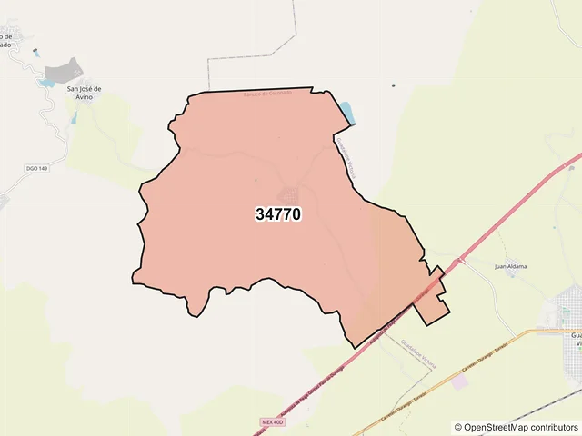 Mapa del código postal 34770, Pánuco de Coronado, Durango