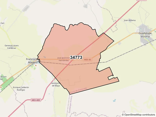 Mapa del código postal 34773, Pánuco de Coronado, Durango