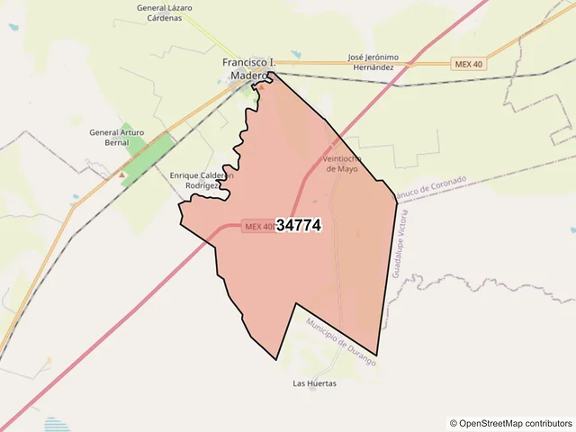 Mapa del código postal 34774, Pánuco de Coronado, Durango