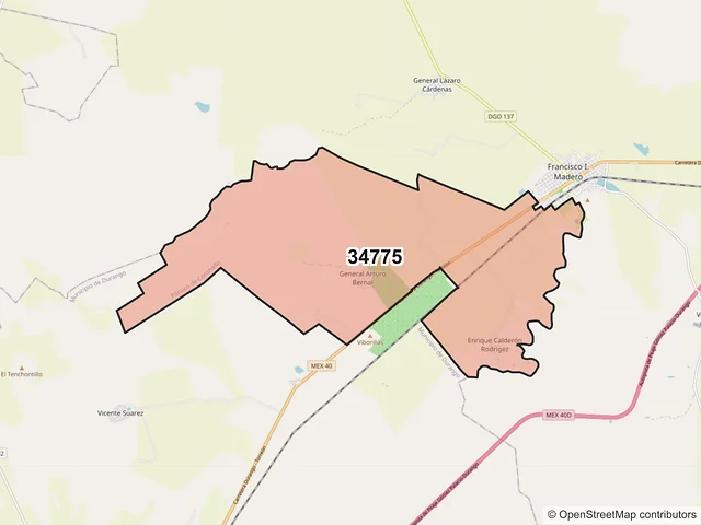 Mapa del código postal 34775, Pánuco de Coronado, Durango