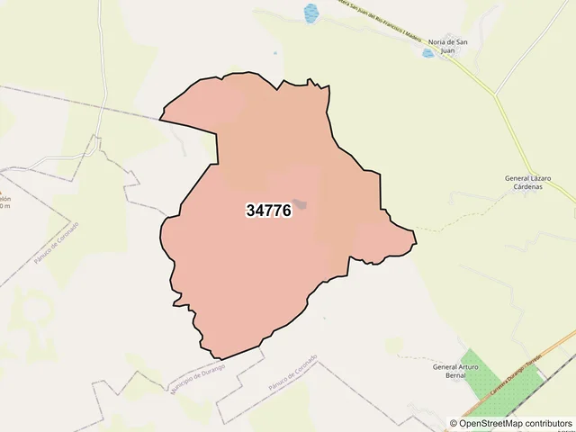 Mapa del código postal 34776, Pánuco de Coronado, Durango