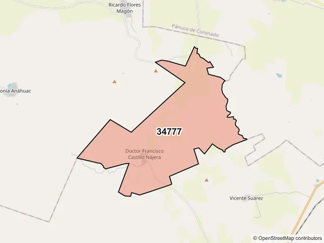 Mapa del código postal 34777, Pánuco de Coronado, Durango