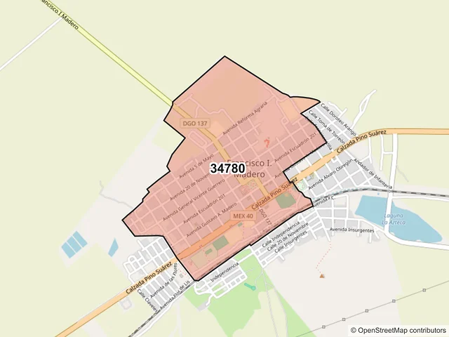 Mapa del código postal 34780, Pánuco de Coronado, Durango