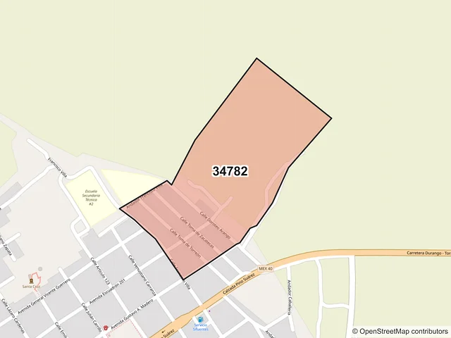 Mapa del código postal 34782, Pánuco de Coronado, Durango