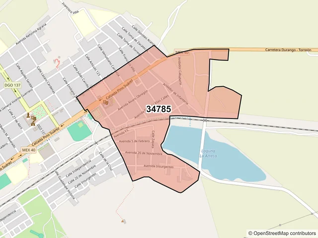 Mapa del código postal 34785, Pánuco de Coronado, Durango