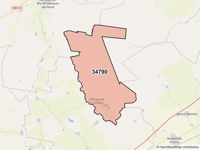 Mapa del código postal 34790, Pánuco de Coronado, Durango