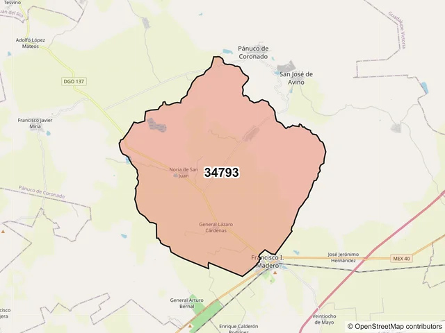Mapa del código postal 34793, Pánuco de Coronado, Durango