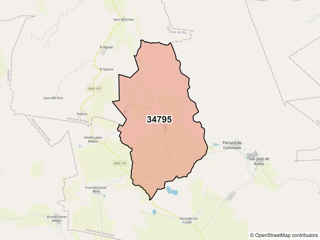 Mapa del código postal 34795, Pánuco de Coronado, Durango