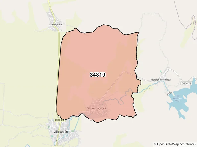 Mapa del código postal 34810, Poanas, Durango