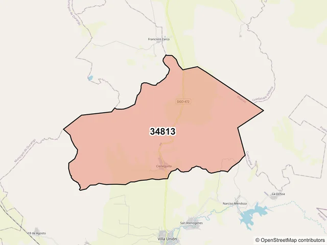 Mapa del código postal 34813, Poanas, Durango