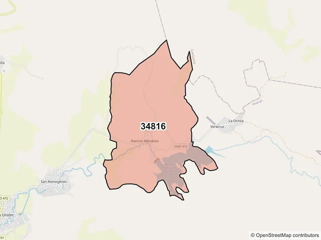 Mapa del código postal 34816, Poanas, Durango