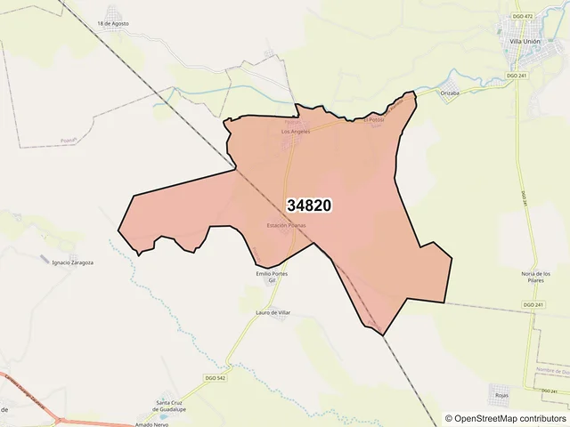 Mapa del código postal 34820, Poanas, Durango