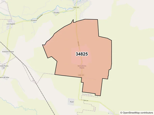 Mapa del código postal 34825, Poanas, Durango